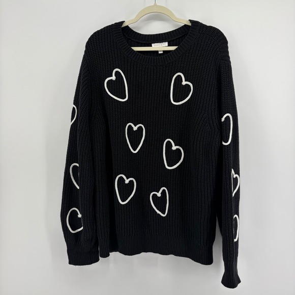crown & ivy Sweaters - Crown & Ivy Womens 2X Black Sweater White Embroidered Heart Shaker Knit Pullover